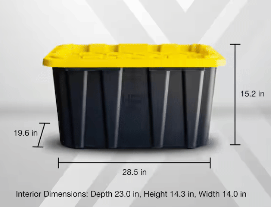 Tote dimensions: 28.5 in wide, 19.6 in deep, 15.2 in tall on the outside; 23 x 14 x 14.3 in inside